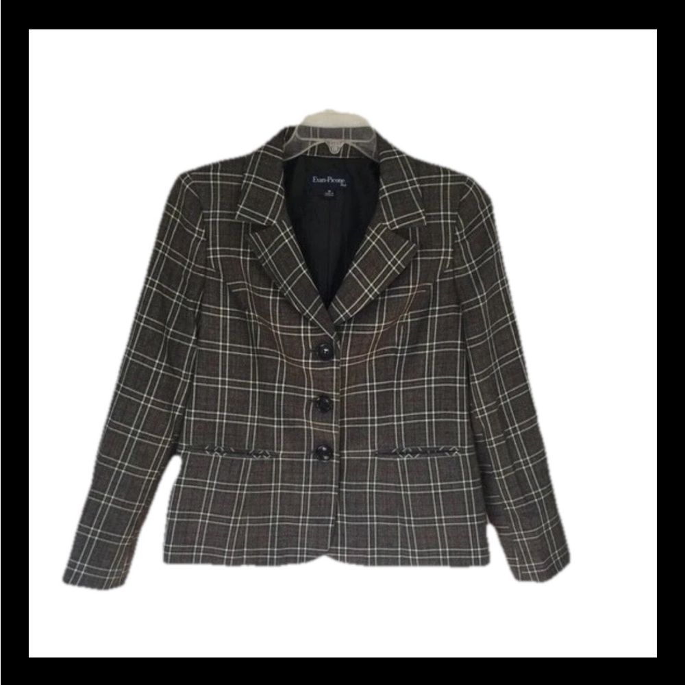 Evan Picone Size 10 Women's 2 Pocket Gray White Plaid Blazer Academia Careerwear
